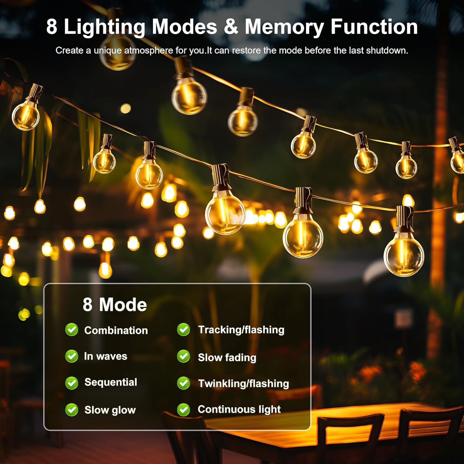 Guirnaldas de luces alimentadas por energía Solar para exteriores, luces de Patio G40 con bombillas LED inastillables, luces colgantes resistentes a la intemperie para bistró en el patio trasero
