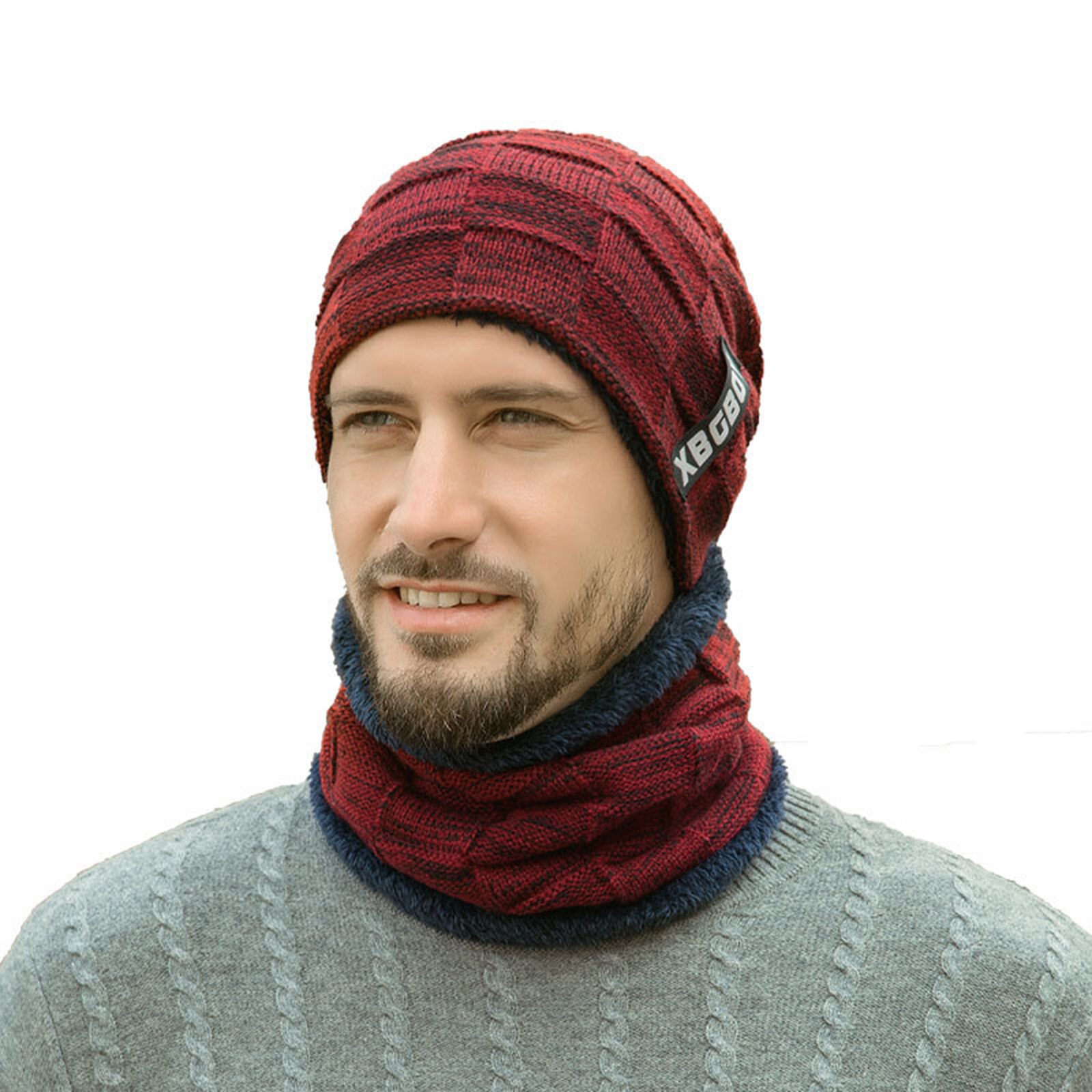 Winter Beanie Hat Scarf Set Thick Fleece Lined Warm Knit Ski Hats for Men Boy &T8: wine red