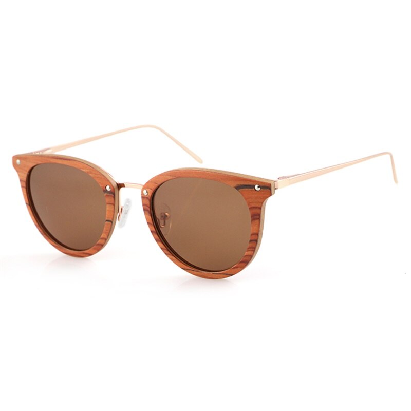 Skymood Vintage Women's Polarized ROSE Gold Tint Lens Cat Eye Steel Metal Ebony Wood Frame Sunglasses