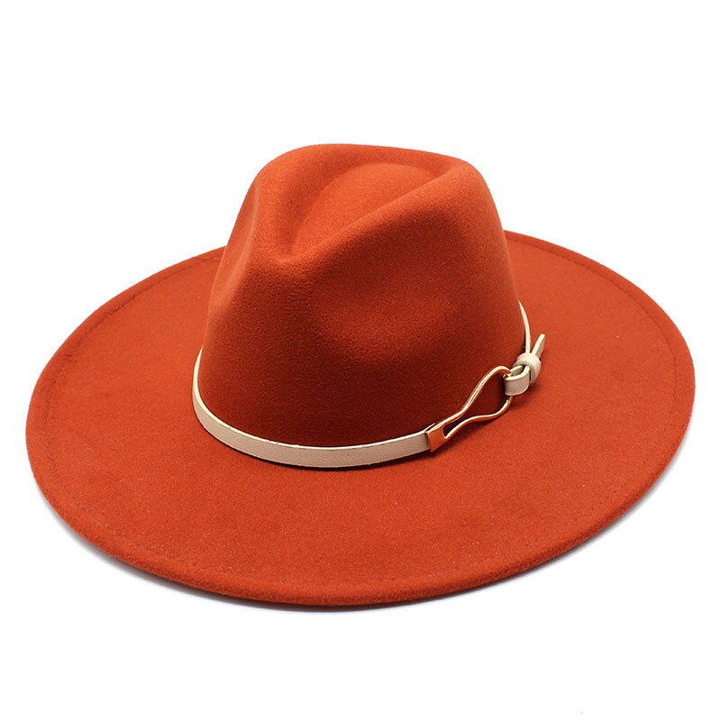 Chapeau en laine à large bord pour femme, chapeau avec chaîne de feuilles en métal, style Jazz, britannique, rétro, Fedora, à la , église, Panama, automne et hiver: rust red / M 56-58CM