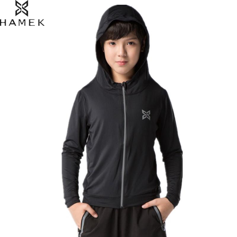 HAMEK Jongens Running Hooded Jassen Kids Strakke Dunne Jas Basketbal Voetbal Outdoor Fitness Jassen Reflecterende Streep Zip Snelheid Droog