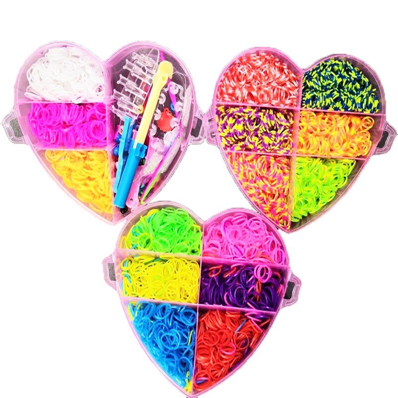 4000pcs Kinderen Rainbow Rubber Band Kits Ambachtelijke Speelgoed Hart Box Drie Lagen Elastische Armband Lint Gebreide Cijfers Bedels Craft