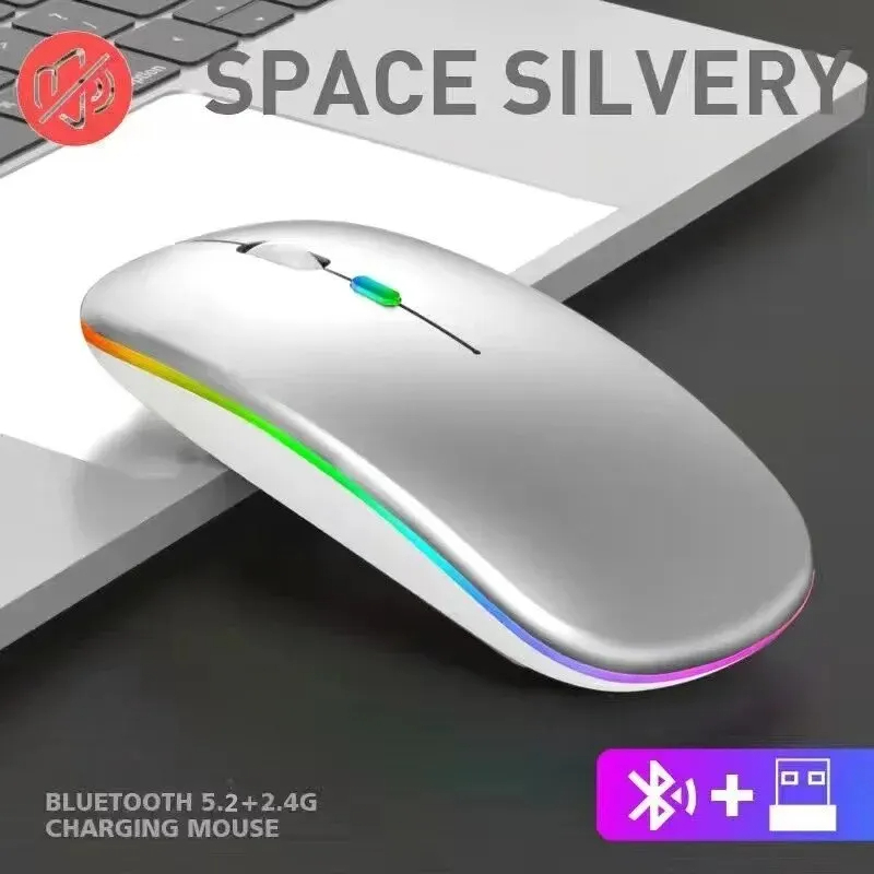 Wireless Mouse Rechargeable Silent LED Backlit Mice PC Laptop Computer Mous 2.4Ghz Receiver Bluetooth Dual Mode Optical Mice: Silver
