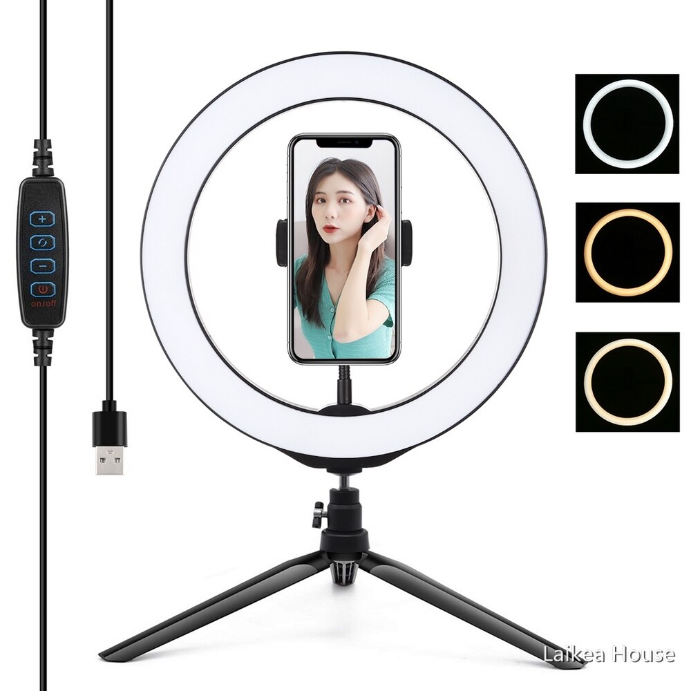 26cm selfie-ringetone bo lys dimmes kameratelefon ringe ledet lampe med bordstativ til sminke video bo studiofotografering