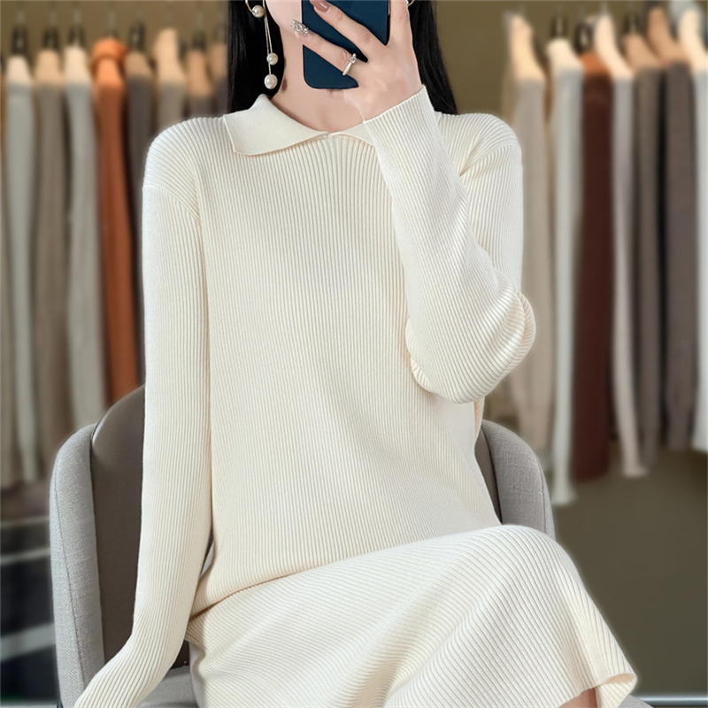 Women's boutique POIO collar long sleeved dress autumn and winter knitted cashmere sweater Women's solid color pullover long