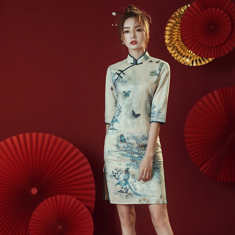 Qipao chino tradicional de para mujer, vestido de media manga, Cheongsam impreso, , de noche, ropa de Año Chino: XXXL
