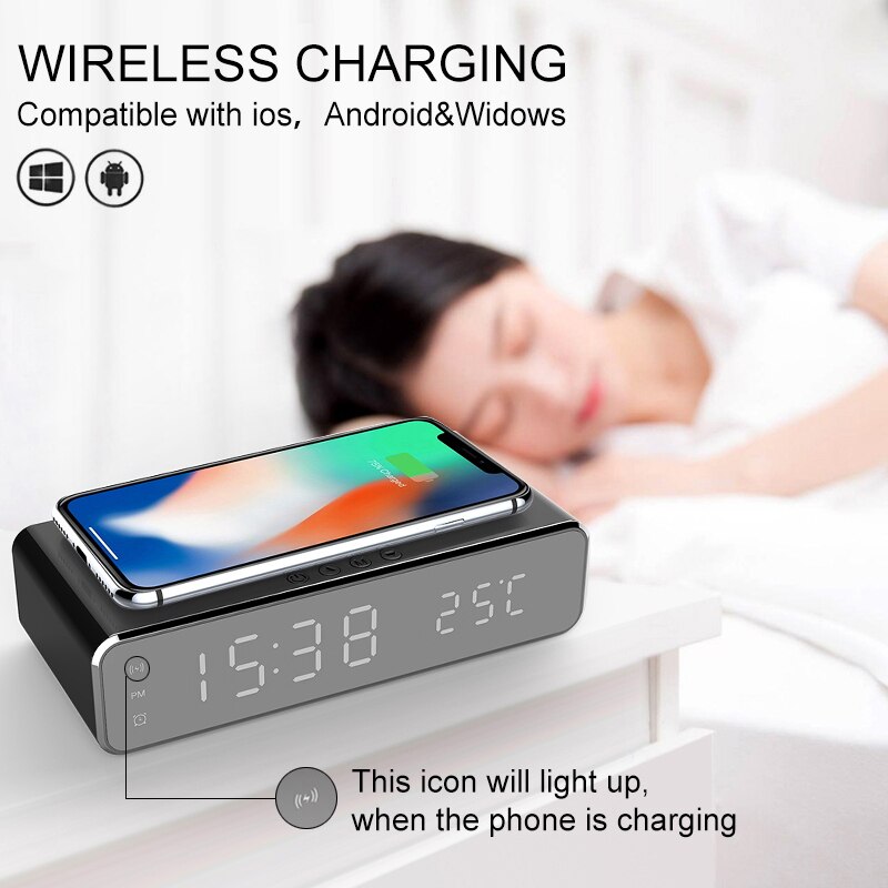 3-In-1 Telphone Draadloze Oplader Elektrische Led Wekker Thermometer Disaplay Qi Standaard Voor Ios Android