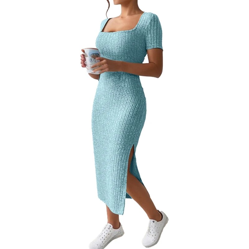 Robe d'été mi-longue à col carré, jupe moulante à la hanche, robe à manches courtes, fendue et polyvalente