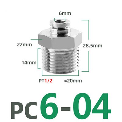 PC 1/8" 1/4" 3/8" 1/2" BSP external thread 304 stainless steel pipe pneumatic quick coupling trachea hose quick coupling: PC6-04
