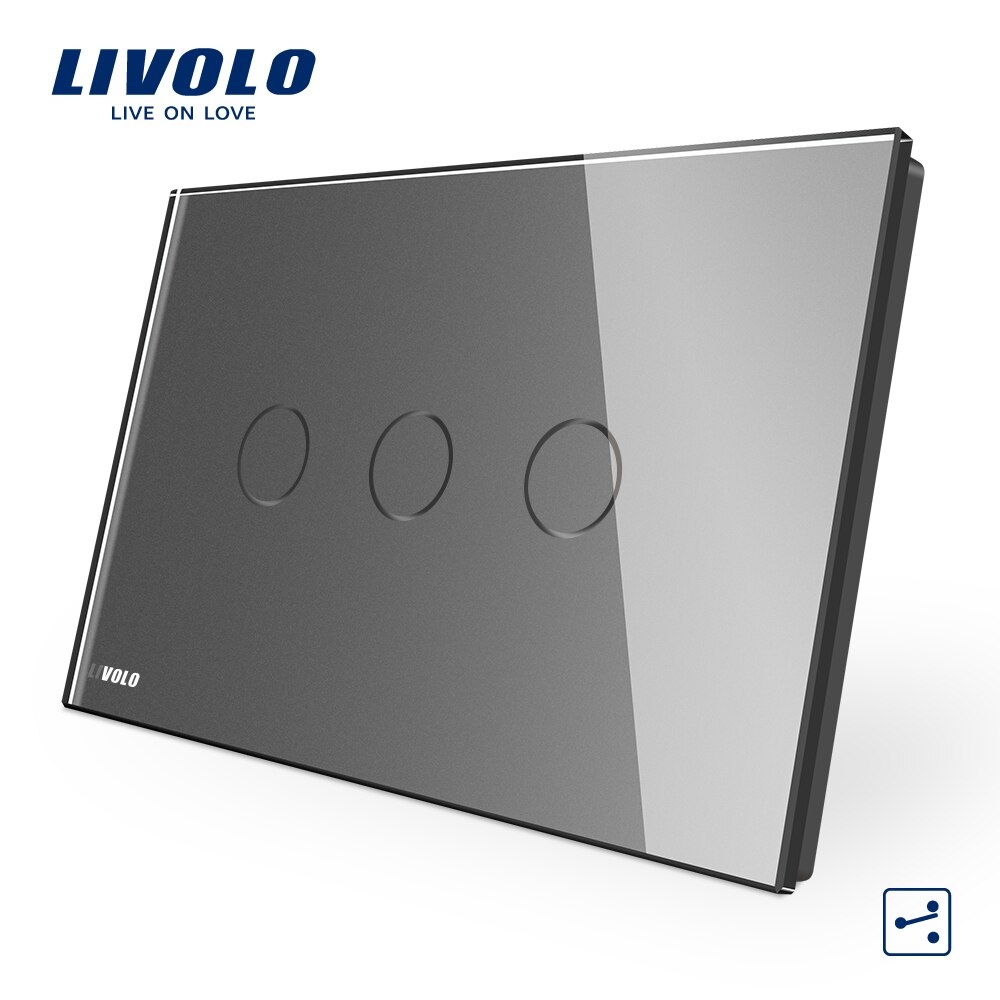Livolo Au Ons C9 Standaard Touch Schakelaar, Grey Crystal Glass Panel,2 Manieren Touch Control Light Switch,cross Remote Wireless Control: 3 gang