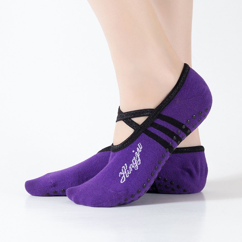 Gobygo 1 par sports yoga sokker tøfler til kvinder anti slip dame dæmpning bandage pilates sok ballet hæl dansebeskytter: Lilla