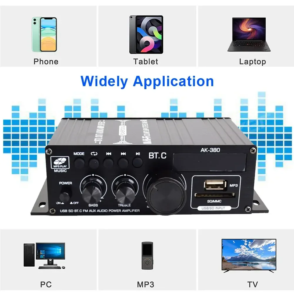 Sound Verstärker Kanal 2,0 HIFI Bluetooth 5 Verstärker Hause Digital Audio Verstärker 40 W + 40 W Musik Player AK380 für Auto MP3 Bass Trebl