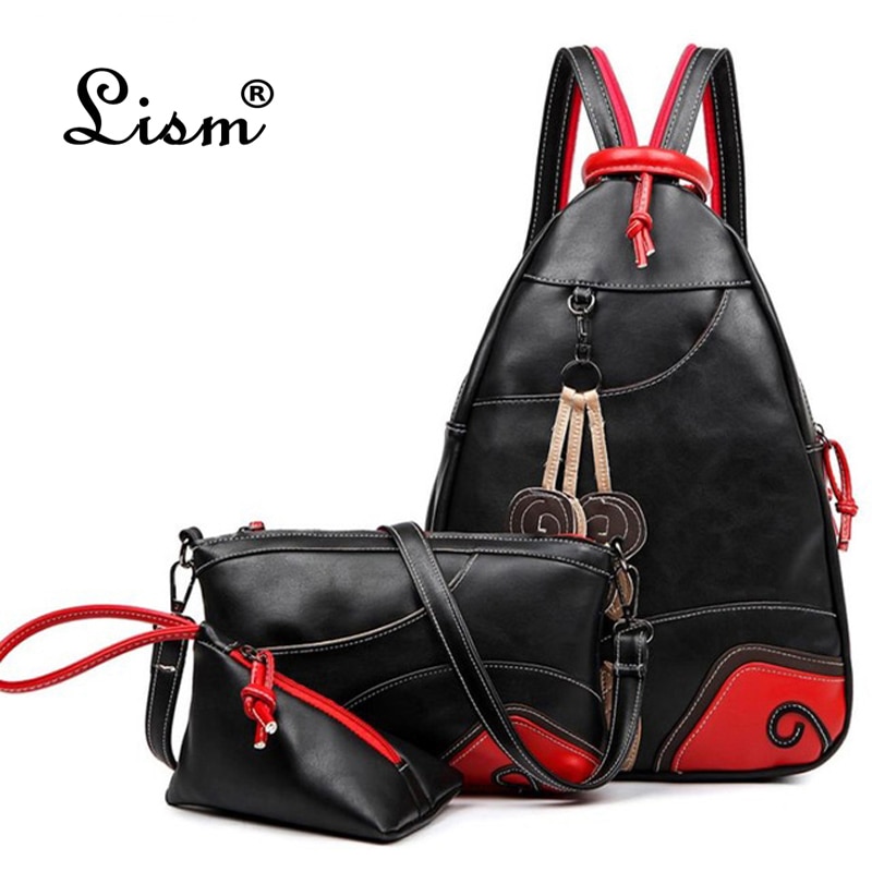 NEUE Vintage Blatt Nähen Schulter Rucksack drei sets Multifunktions Brust Frauen Leder Rucksäcke