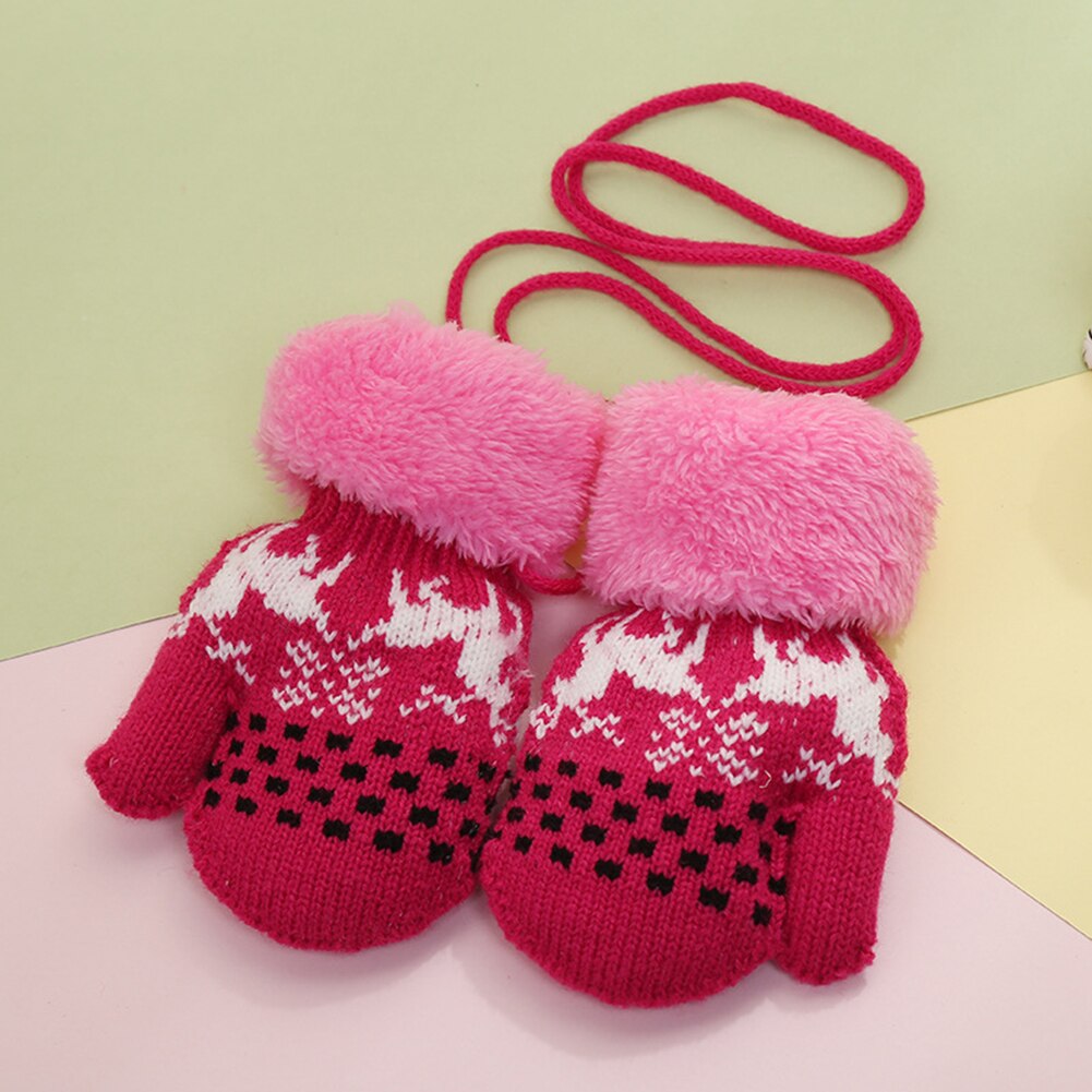 Lovely Neck Hanging Infant Baby Warm Gloves Reindeer Fleece Knitted Jacquard Cute Knitted Jacquard Halter Gloves