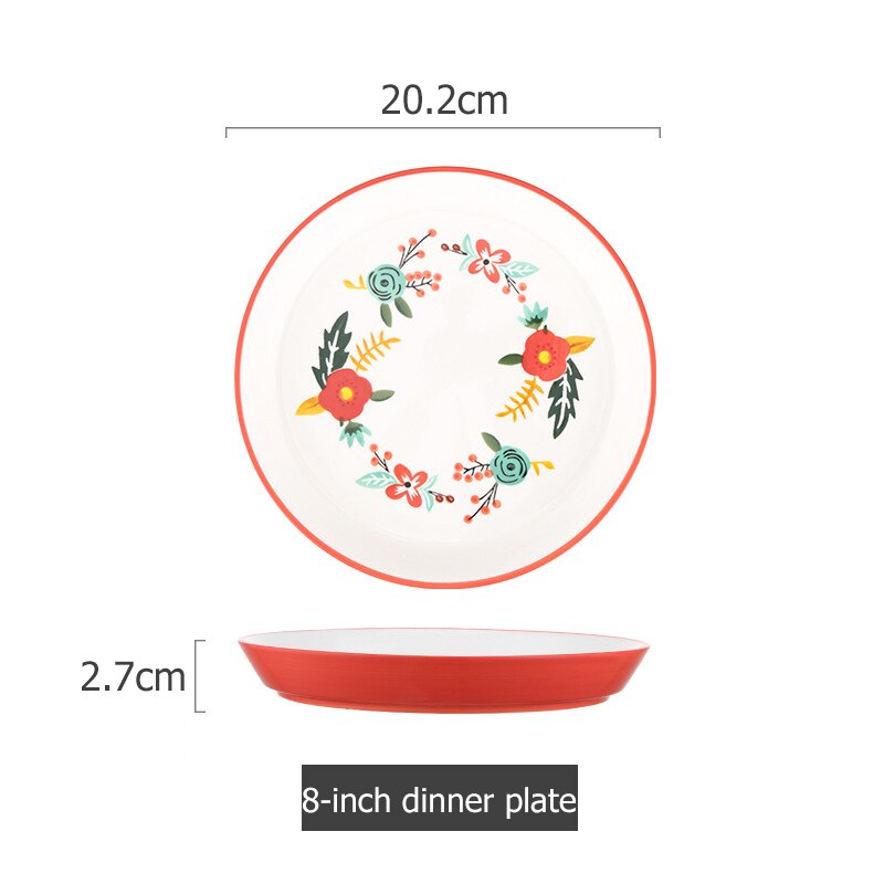 Blommig keramik servis kinesiska köket risskål soppa ramen skål dessert fat pasta biff tallrik middagsrätter: Röd c