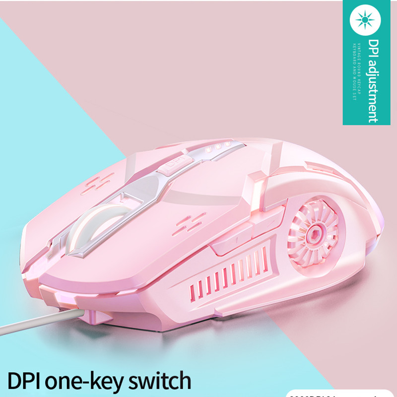 Punk Backlit Gaming Keyboard and Mouse Mechanical Feel Round Keycaps USB Wired Cherry Pink Keyboard Mouse Headphone for PC Gamer