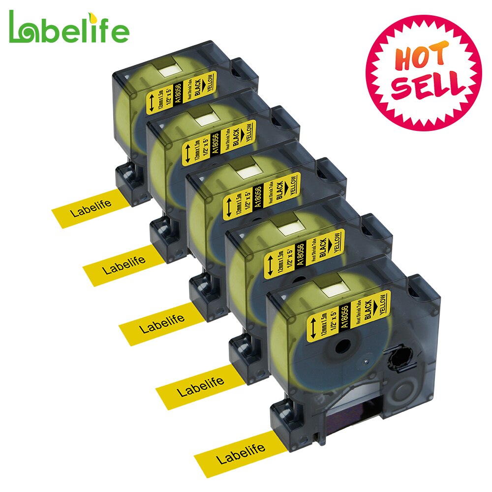 Labelife 5 uds 18056 para DYMO Rhino negro sobre amarillo 12mmX1.5m Industrial IND tubos termorretráctiles LabelWriter para impresora de etiquetas