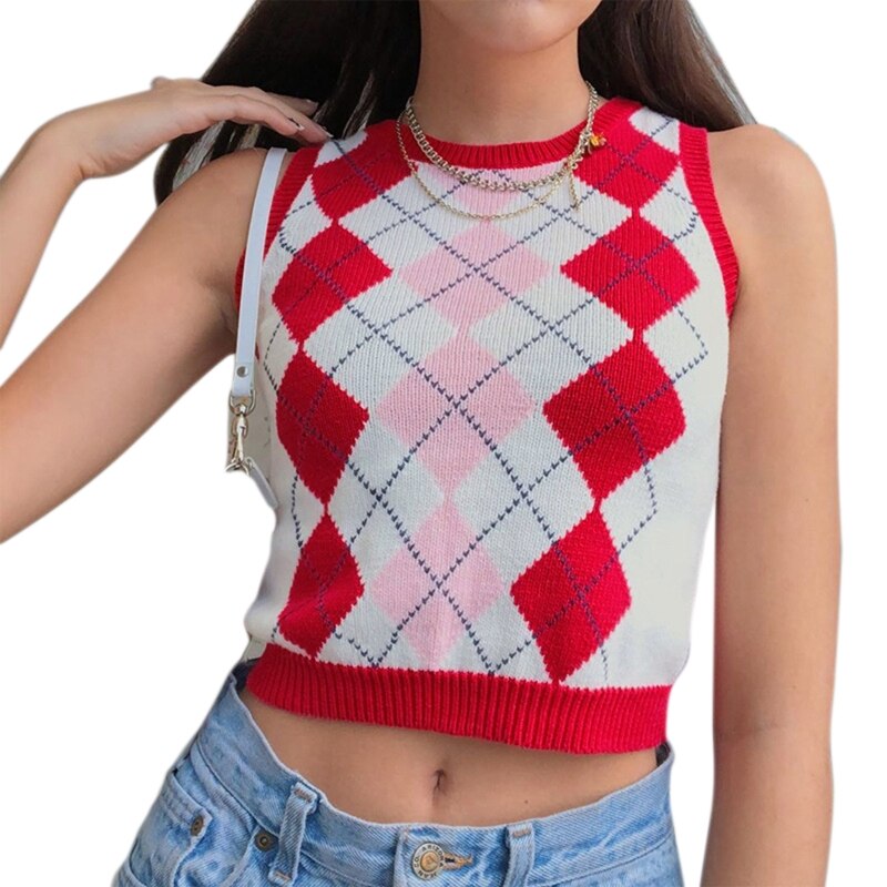 Dam röd argyle rutig stickad väst preppy stil rund hals ärmlös tröja slim fit tröja tröja