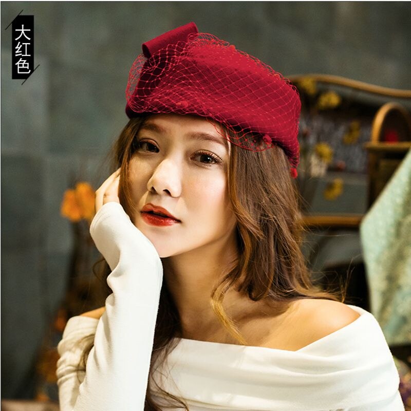 Bride Wedding Chic Veil Fascinator Hat Cocktail Wedding Party Church Headpiece kentucky Headwear 100% Wool Felt Beret Cap: cardinal