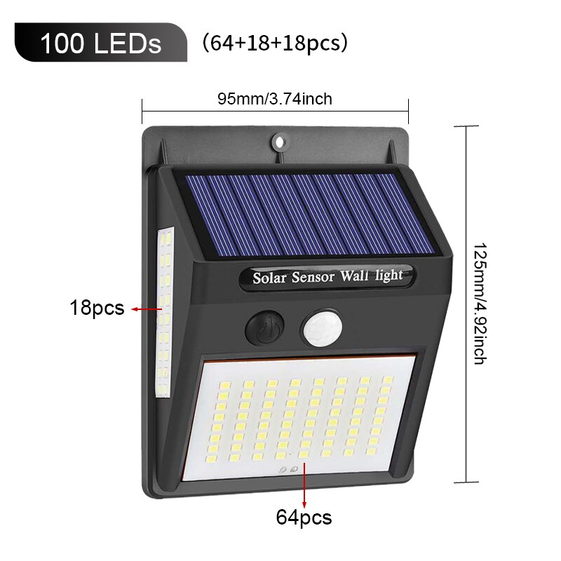 100 led zonne-energie buitenlamp met pir-bewegingssensor, op zonne-energie werkende straatverlichting voor tuindecoratie, 144 waterdichte: 100 leds