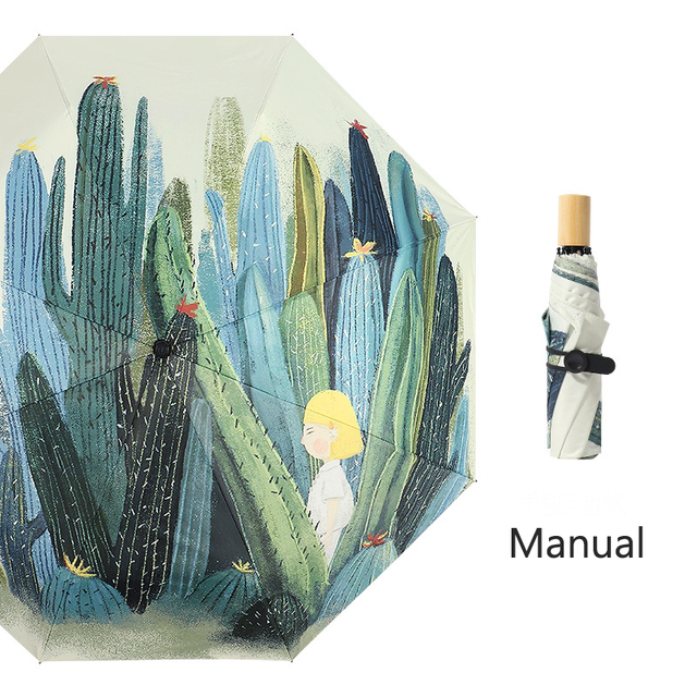 Hand drawn creativity Cactus Umbrella Women AutomaticFolding Anti-UV Rainproof Umbrella Parasol Rain Sun Light Umbrellas: Manual