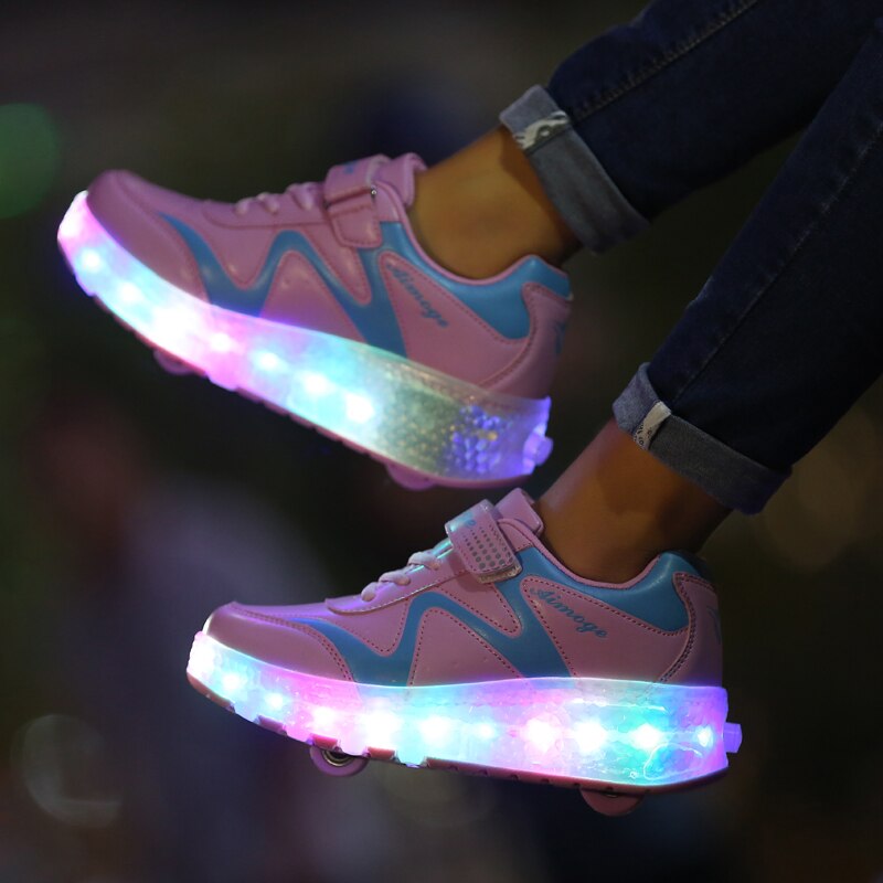 Sneakers rullskridskoskor vuxen med två hjul dam led skor barn tjej lyser självlysande glödande storlek 27-43