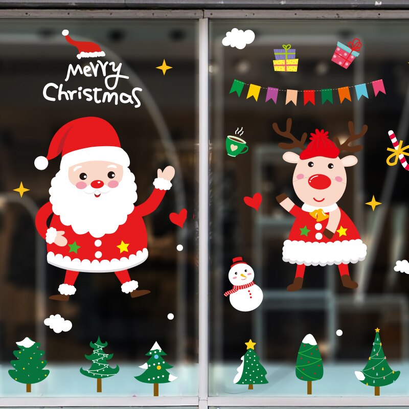 [shijuekongjian] Father Christmas Window Stickers DIY Deer Tree Wall Decals for Living Room Shop Glass Year Decoration