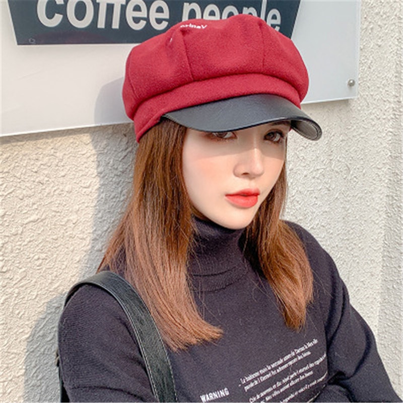 Auutmn Winter Hüte für Frauen Leder Krempe Einfarbig Achteckige Kappe Hüte Damen lässig Wolle Hütte Winter Baskenmütze Weibliche Künstler kappe