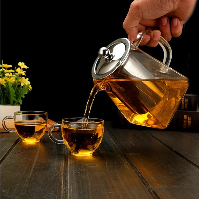 Nueva tetera de vidrio resistente al calor con infusor de acero inoxidable, recipiente calentado, tetera, buena hervidor transparente, cestas de filtro cuadradas