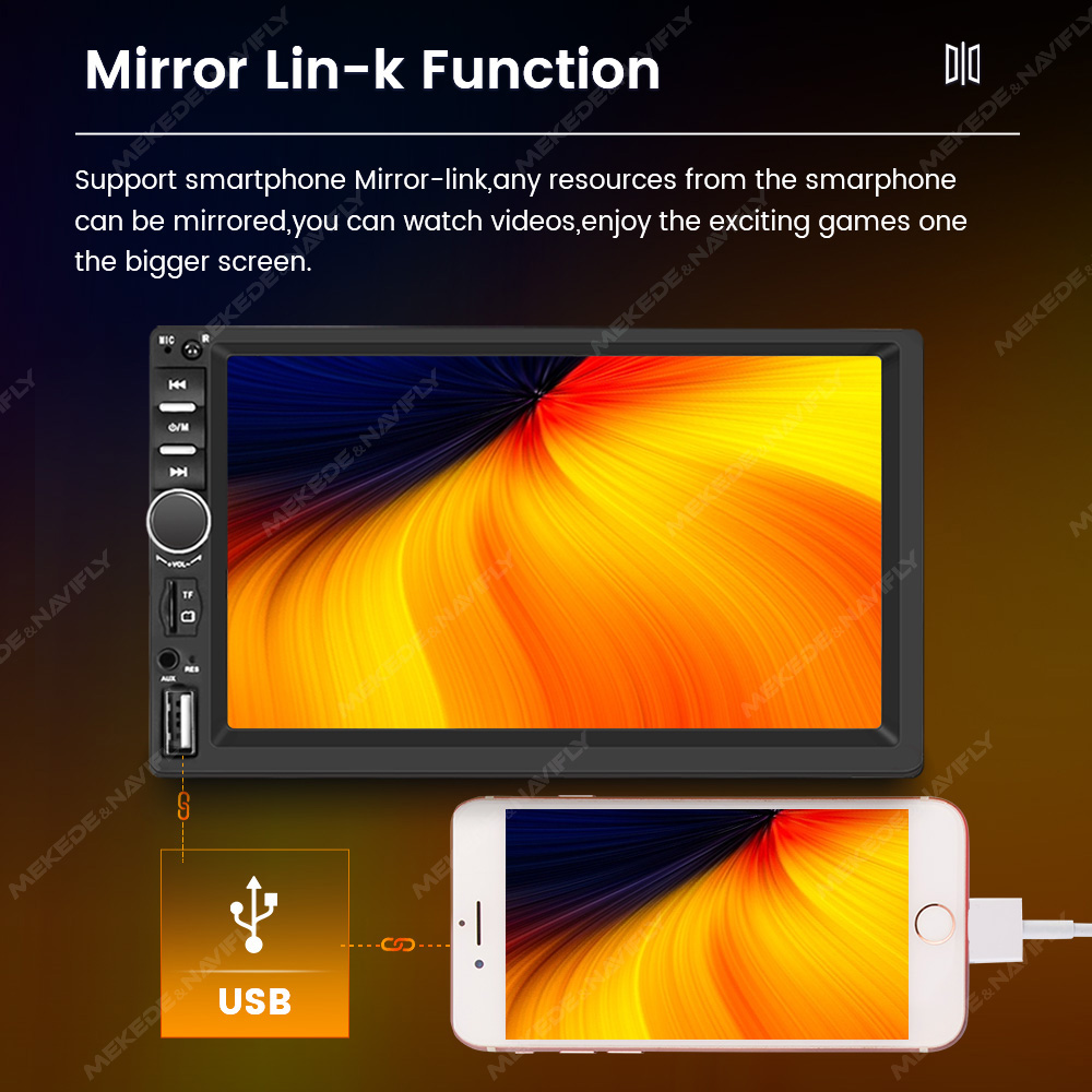 Lecteur de limitation de voiture double DIN universel, radio stéréo à écran tactile, lien miroir, entrée AUX, BT, SWC, FM, USB, carte TF, RCA, 1080P, 7 pouces