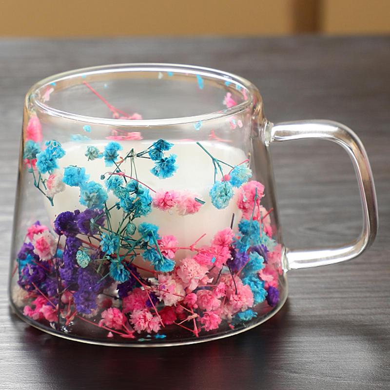 Dubbelwandige glazen koffiemok geïsoleerde bloem glazen espressokopje heldere melkbekers vulling gesimuleerde bloemen theekopje sap waterbeker