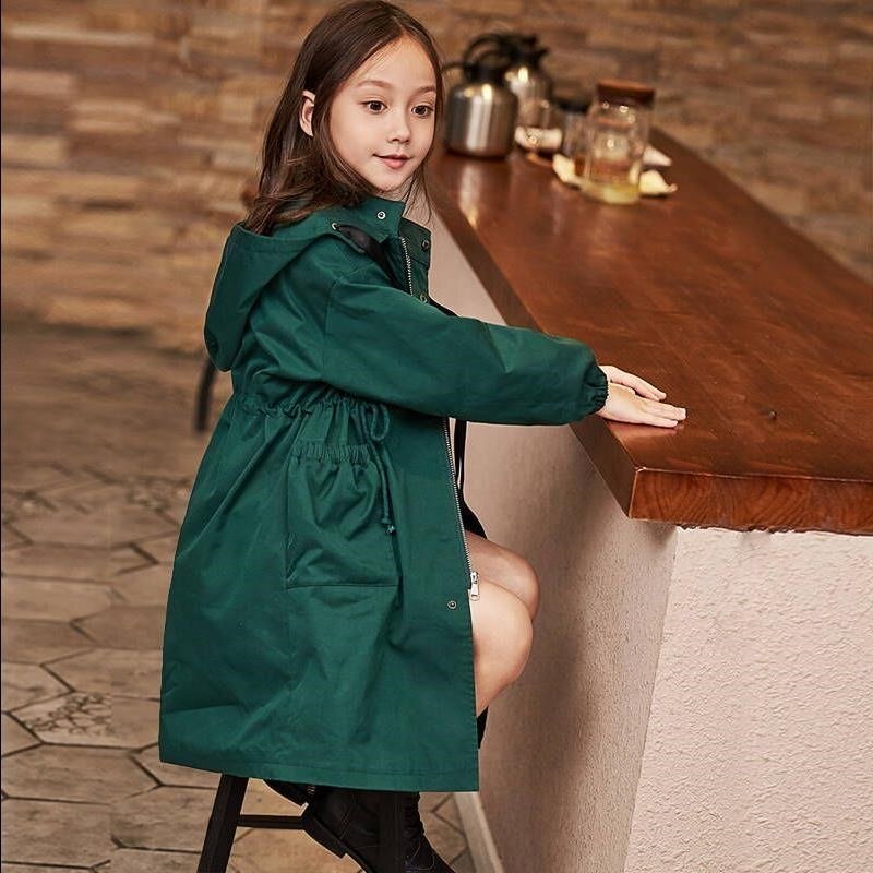 Herfst Kinderen Uitloper Windjack Voor Meisjes Solid Elastische Taille Hooded Katoen Warm Mid-Lengte Jas Voor Kinderen 4-15Y