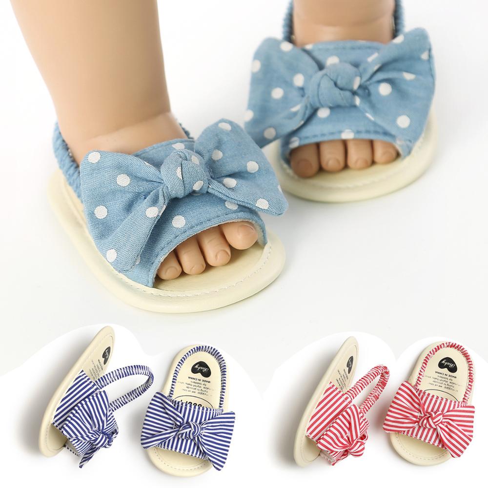 Sandalias de verano para bebés pequeños, zapatos de fondo blando de Princesa con lazo y estampado de puntos a rayas 0-6M 6-12M 12-18M