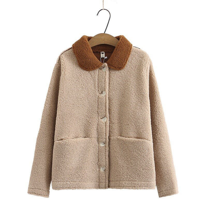 Femmes hiver polaire veste col claudine bouton vers le bas manteau Sport décontracté Preppy automne veste Beige café mignon manteaux: Beige / XL