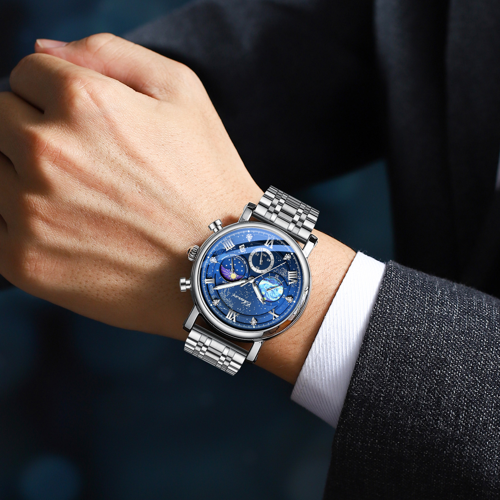 Chenxi herreur multifunktionel kronograf månefase dato quartz ure til mænd himmelsk urskive rustfrit stål armbåndsur