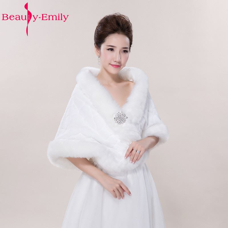 Châle de mariage pour mariée, hiver en fourrure de Fax, blanc Cape enveloppante de mariage avec vestes de mariée en cristal, manteaux de mariage