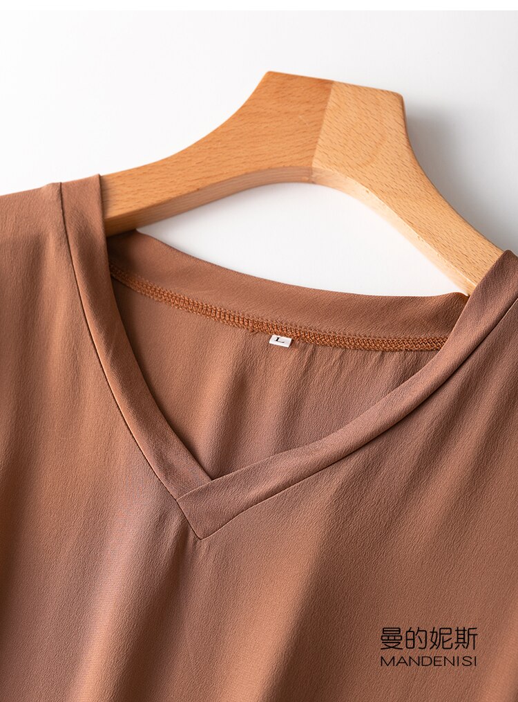 Vestido Midi de seda crepé grueso para mujer, Vestido largo de manga corta con escote en V y abertura lateral, talla L XL, MM112, 100%