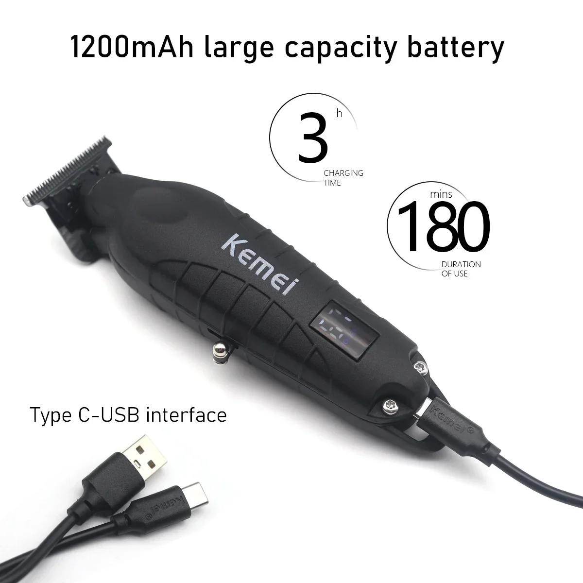 Kemei KM-2293 Full Metal Trimmer for Men Zero Gapped Finishing Machine DLC T-Blade Hair Trimmer Machine LED Haircut