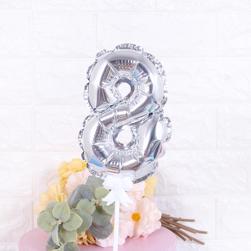 7Inch Mini Gold Silver Foil Number Balloons Cake Topper Diy Kids Birthday Cake Flags For Wedding Anniversary Birthday Decoration: Silver 8