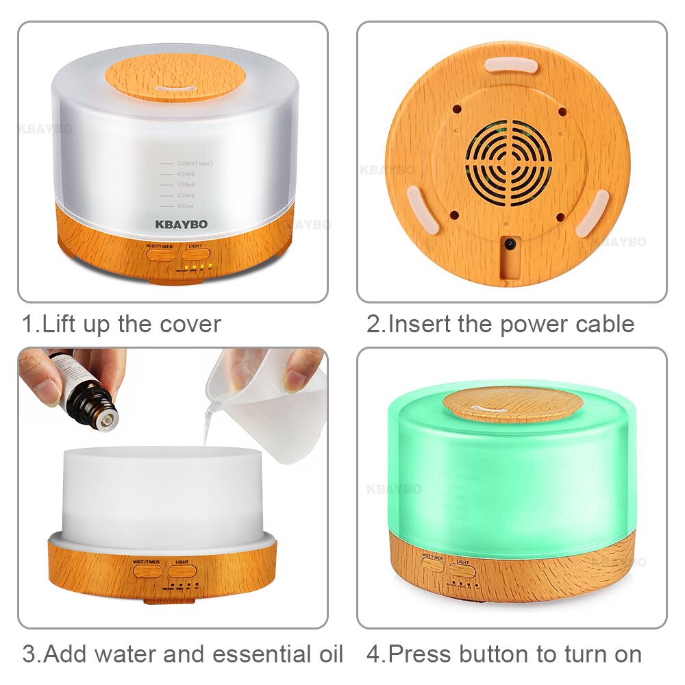 500ml Remote Control Aroma Essential Oil Diffuser Ultrasonic Air Humidifier with 4 Timer Settings LED Lamp