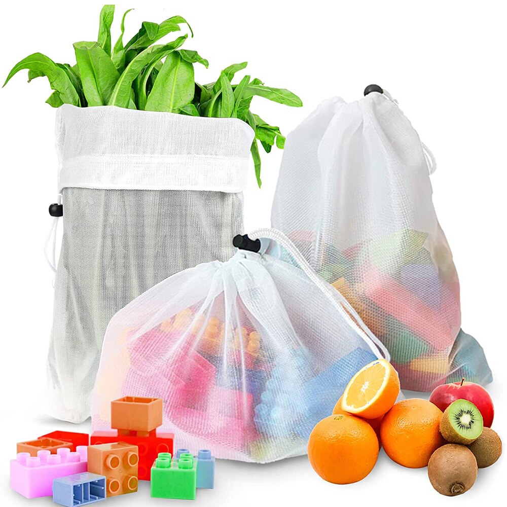 5pcs/pack Eco Friendly Mesh Fruit Vegetable Bags Reusable Produce Bags for Kitchen Supermarket Store Storage Bag with Drawstring
