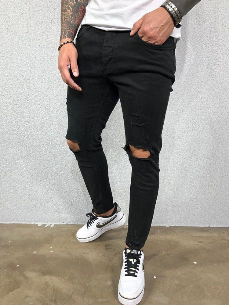 Homme déchiré crayon Pantalon Slim Denim couleur Pure motard jean détruit trou Hip Hop Slim homme rayé jean Hombre Pantalon: Black / S