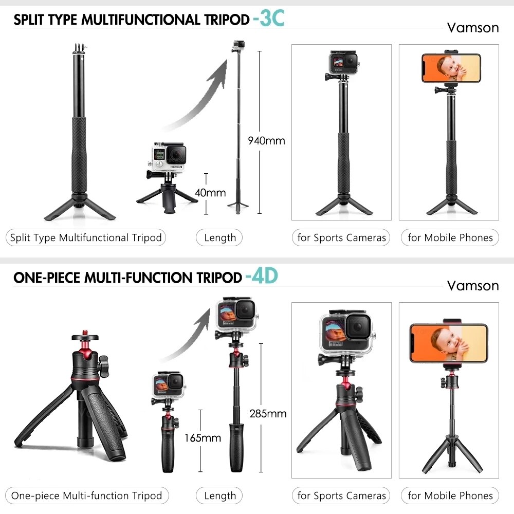 Vamson Voor Gopro Accessoires Statief Monopod Verstelbare Selfie Stick Voor Gopro Hero 10 9 8 7 6 5 Voor Xiaomi yi Sjcam Voor Telefoon