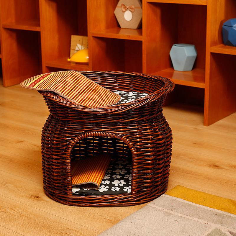 Nido de gato de verano de ratán, casa de gato universal para las cuatro estaciones, casa de campo, jaula de gato de doble capa, suministros de gatos extraíbles, nido de perro: 60x45x48cm  12