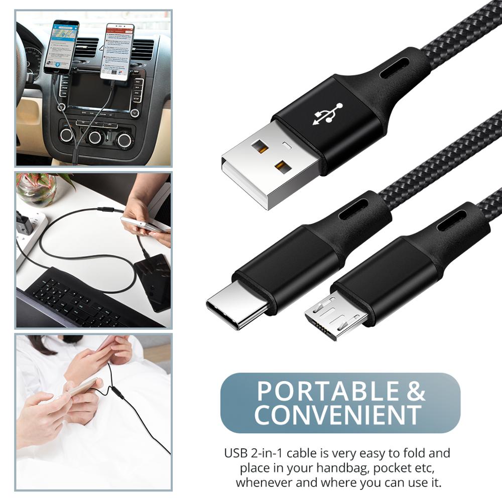 2 w 1 kabel mikro USB dwustronny USB typu C ładowarka nylon mikro kabel USB C ładowania dla powerbank robić telefonu komórkowego kable