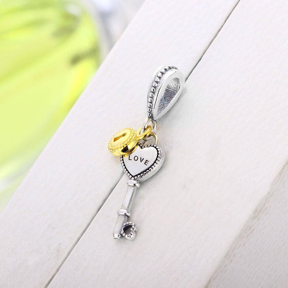 Berloque 100% 925 Sterling Zilveren Hart Liefde Key Dangle Bedels Fit Originele Armband Sieraden Maken