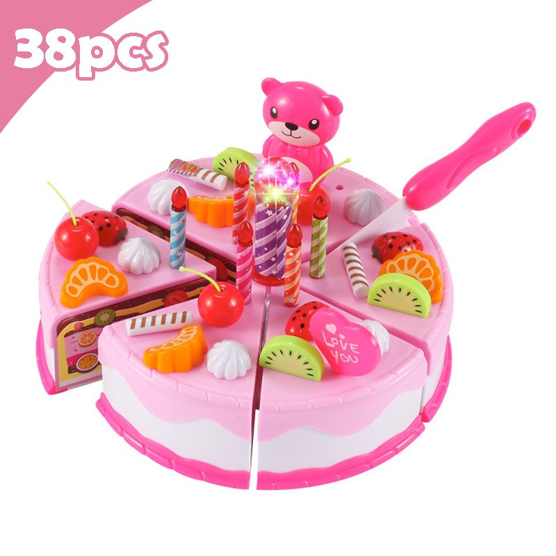 Neueste DIY Pretend Spielen Obst Schneiden Geburtstag Kuchen Küche Lebensmittel Spielzeug Cocina De Juguete Spielzeug Rosa Blau Mädchen für kinder: 38Pcs Pink