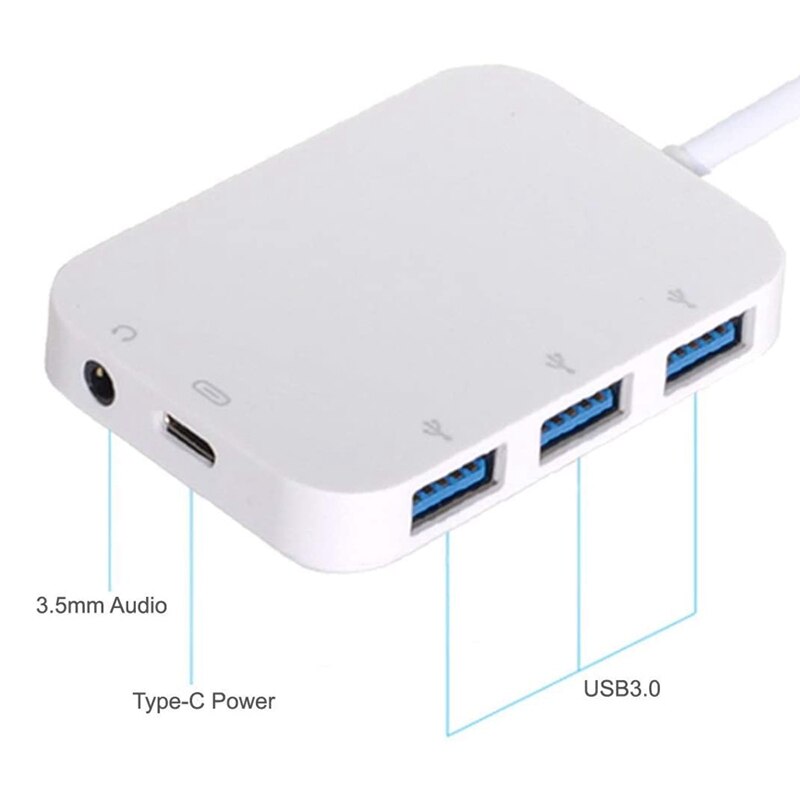 Usb 3.0 hub 5gbps usb3.0 para usb 3.0 3 portas hub fêmea & o 3.5mm & USB-C de energia para computador portátil