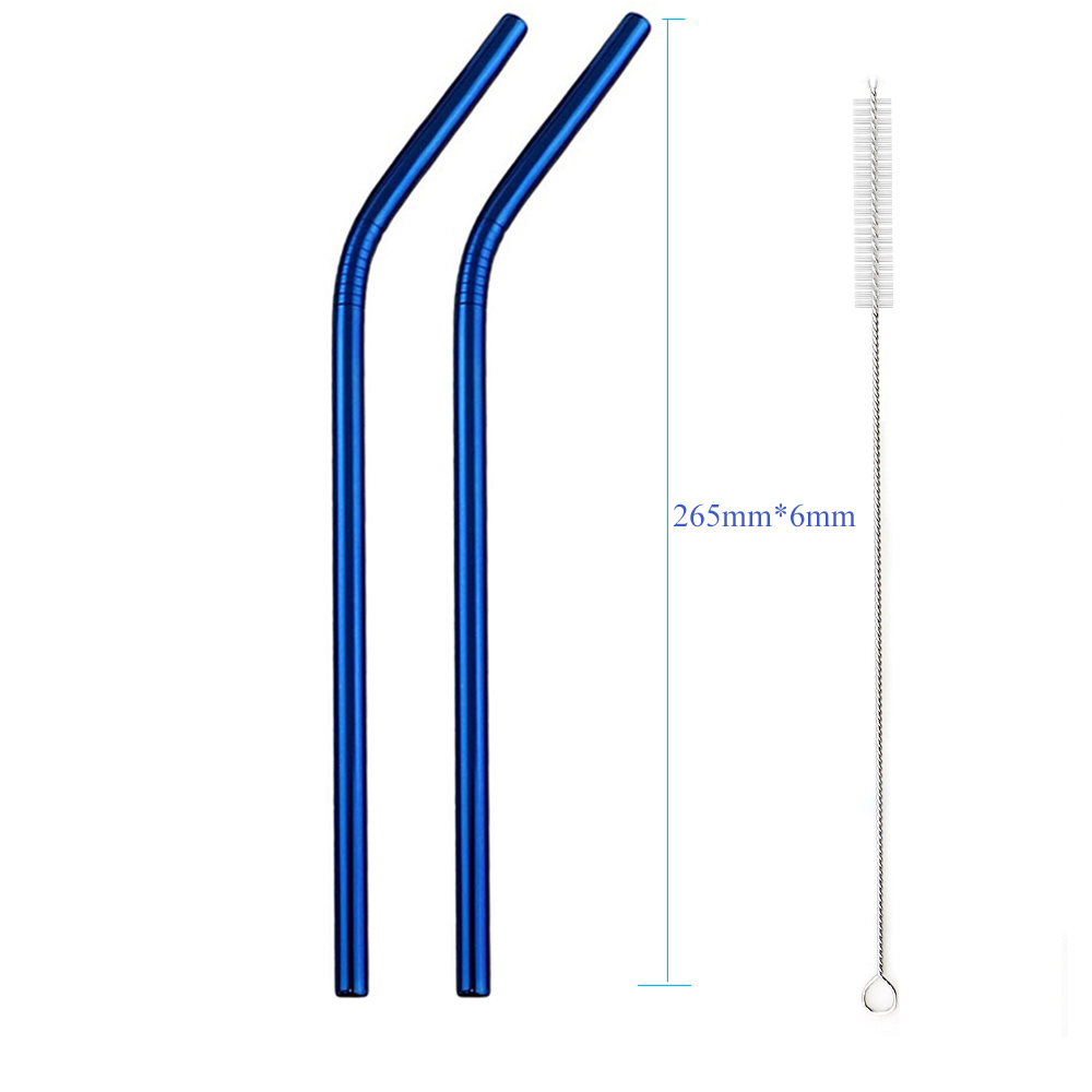 Jankng 2 stuks kleurrijke blauwe rietjes 304 roestvrijstalen rietjes 16/19/21/23/26cm drinkrietjes herbruikbare gebogen metalen rietjes met borstel: 265 x 6 gebogen