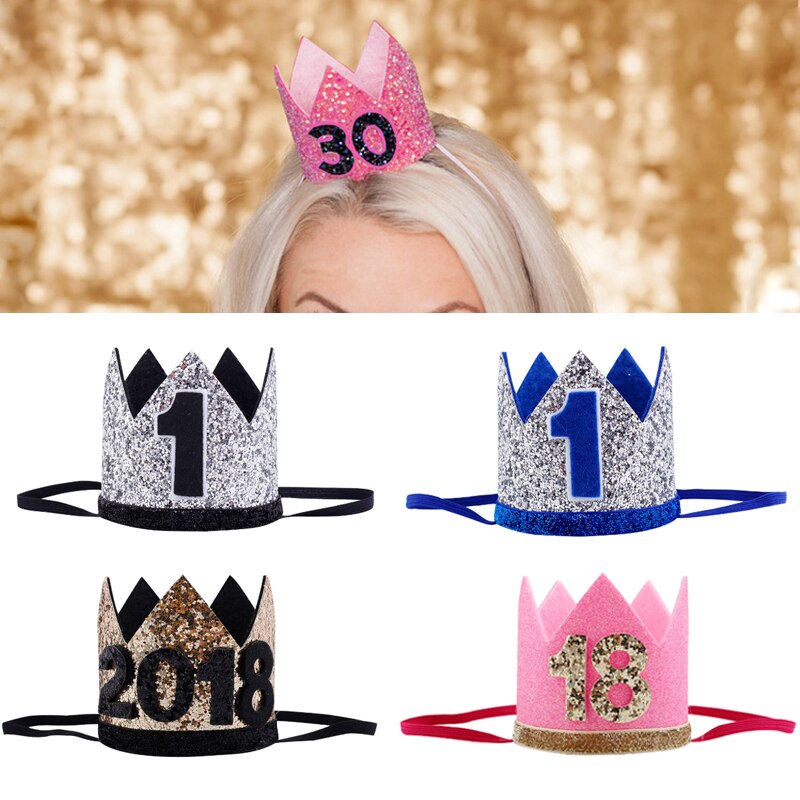 Barn år 1st födelsedag mössa bebis fest keps flicka pojkar rosa blå blommor prinsessa krona pannband hårkläder dekor tillbehör